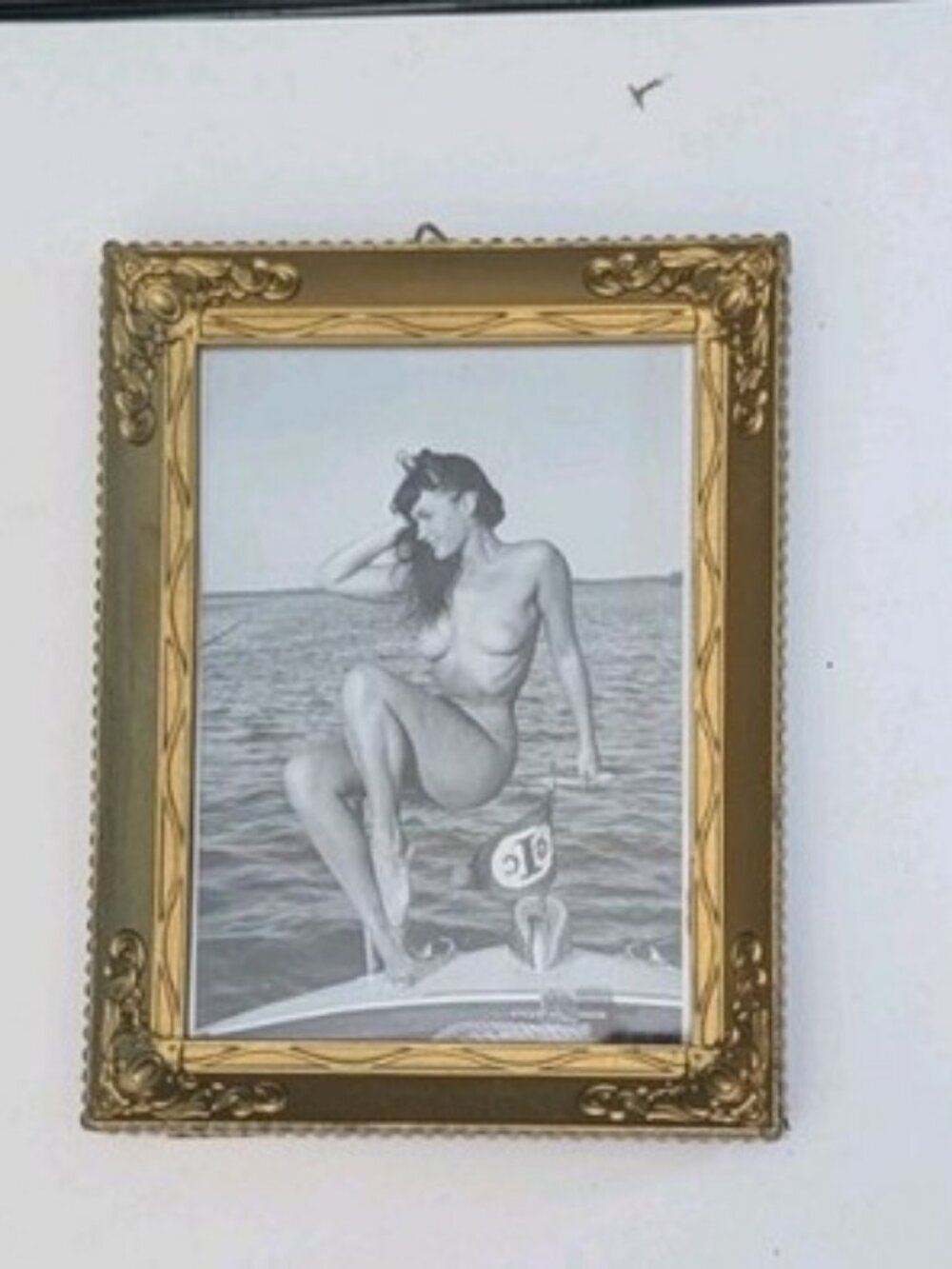 Vintage Bettie Page Nude on Boat Photo by Bunny Yeager in Ornate Gold Frame